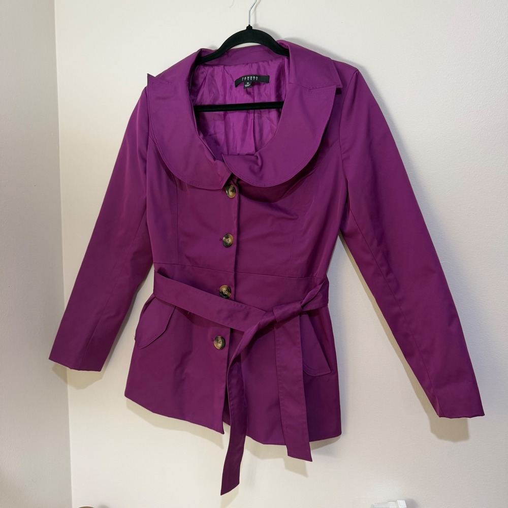 Sandro Studio Purple Techno Trench Coat Jacket Belted Shawl Collar Womens Medium